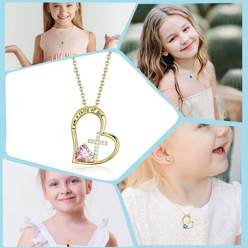 BAOWING Store I Am a Child of God Heart Cross Birthstone Necklace for Girls Baptism Gifts First Communion Gifts Easter Birthday Christmas Gifts Jewelry for Goddaughter Godchild Teens Girls Women - Image 2